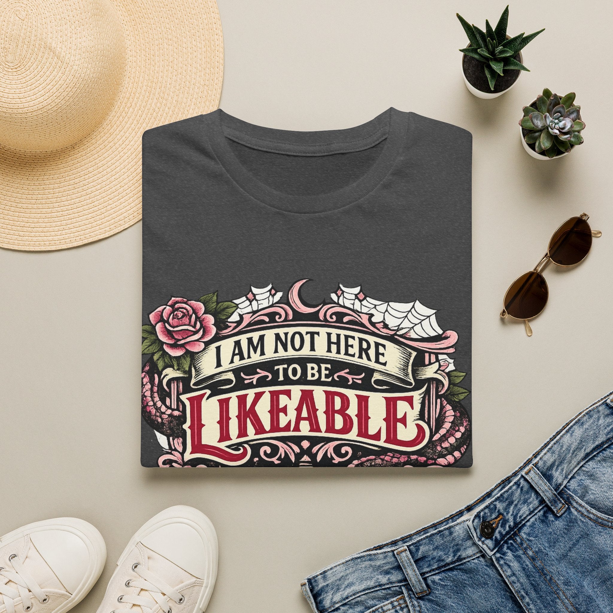 “I Am Not Here to Be Likeable” Gothic Rose Graphic Tee T‑Shirt —