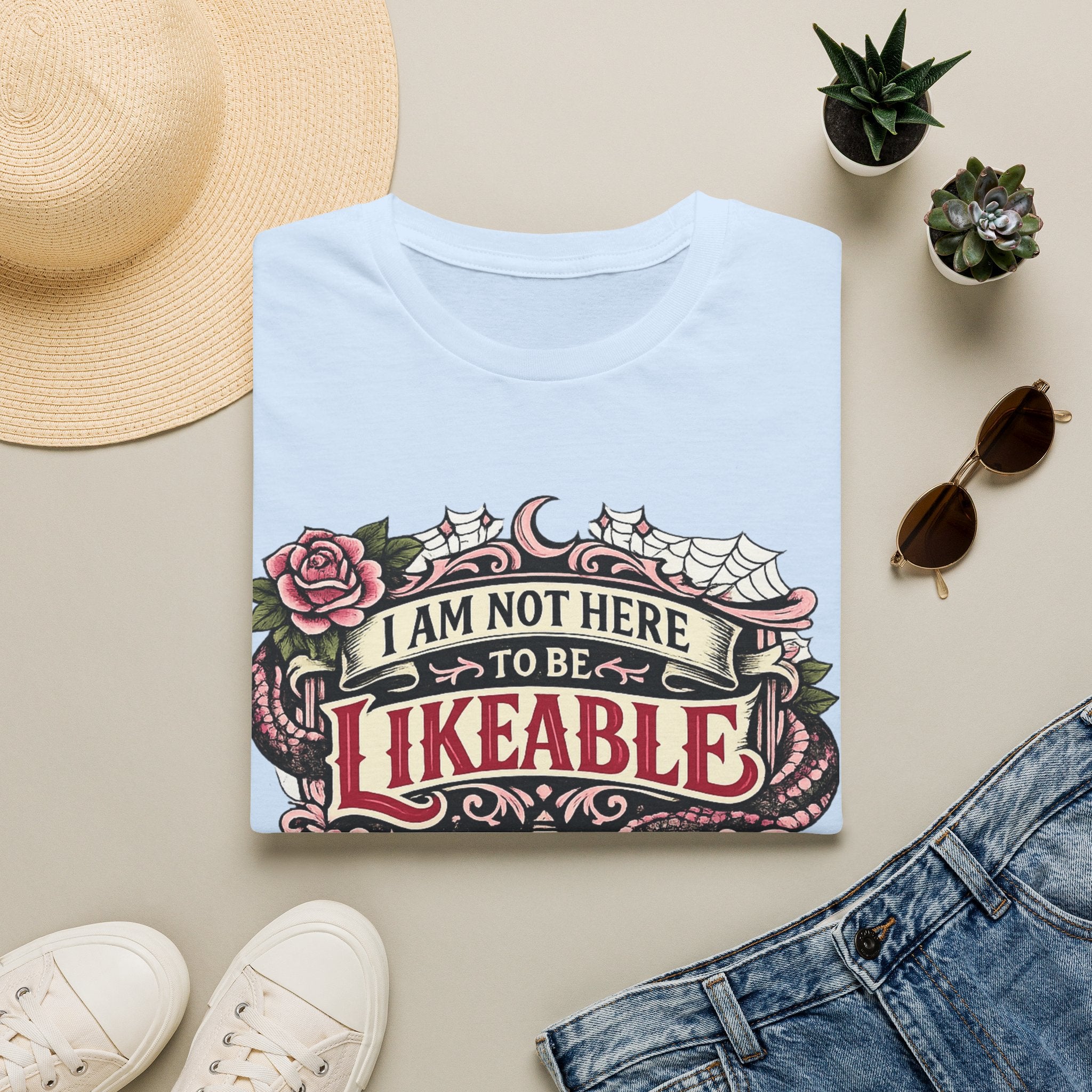 “I Am Not Here to Be Likeable” Gothic Rose Graphic Tee T‑Shirt —