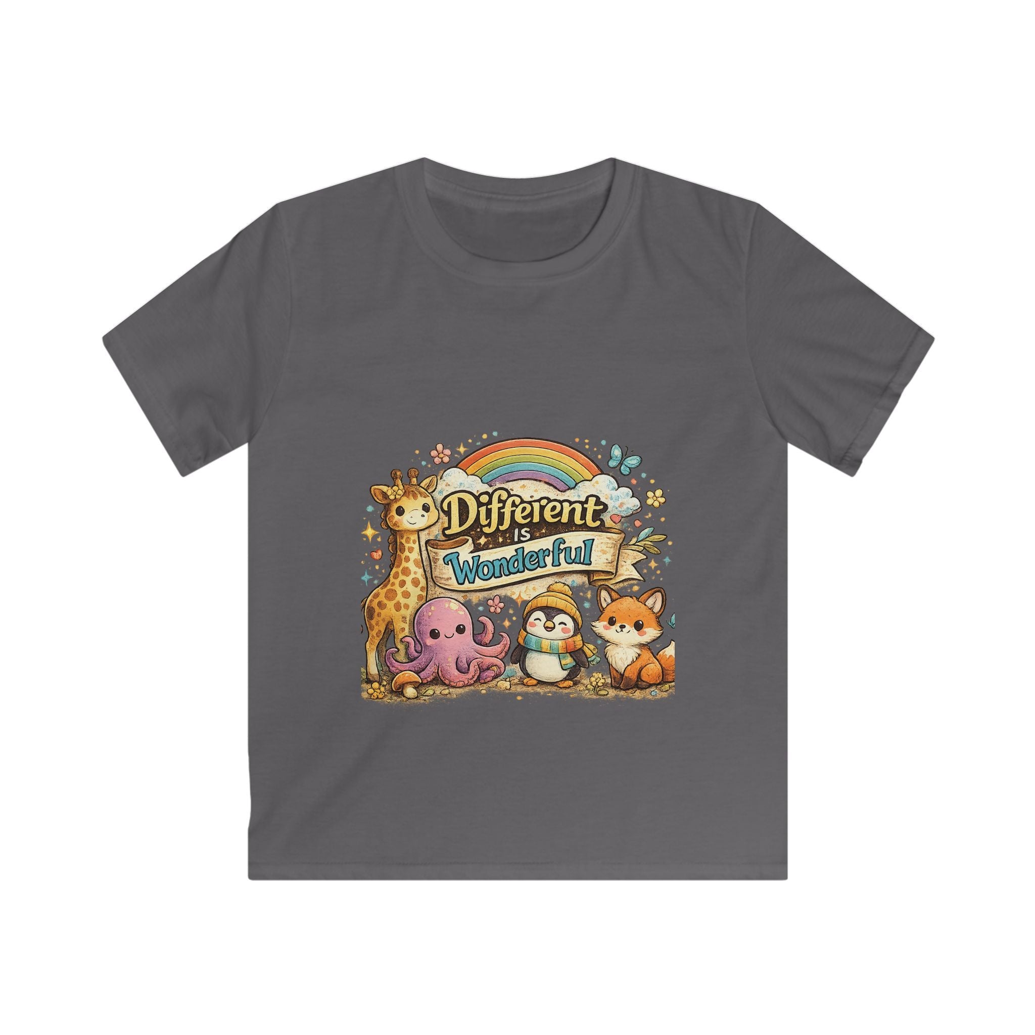 "Different is Wonderful" Rainbow Animal Graphic Kids Tee