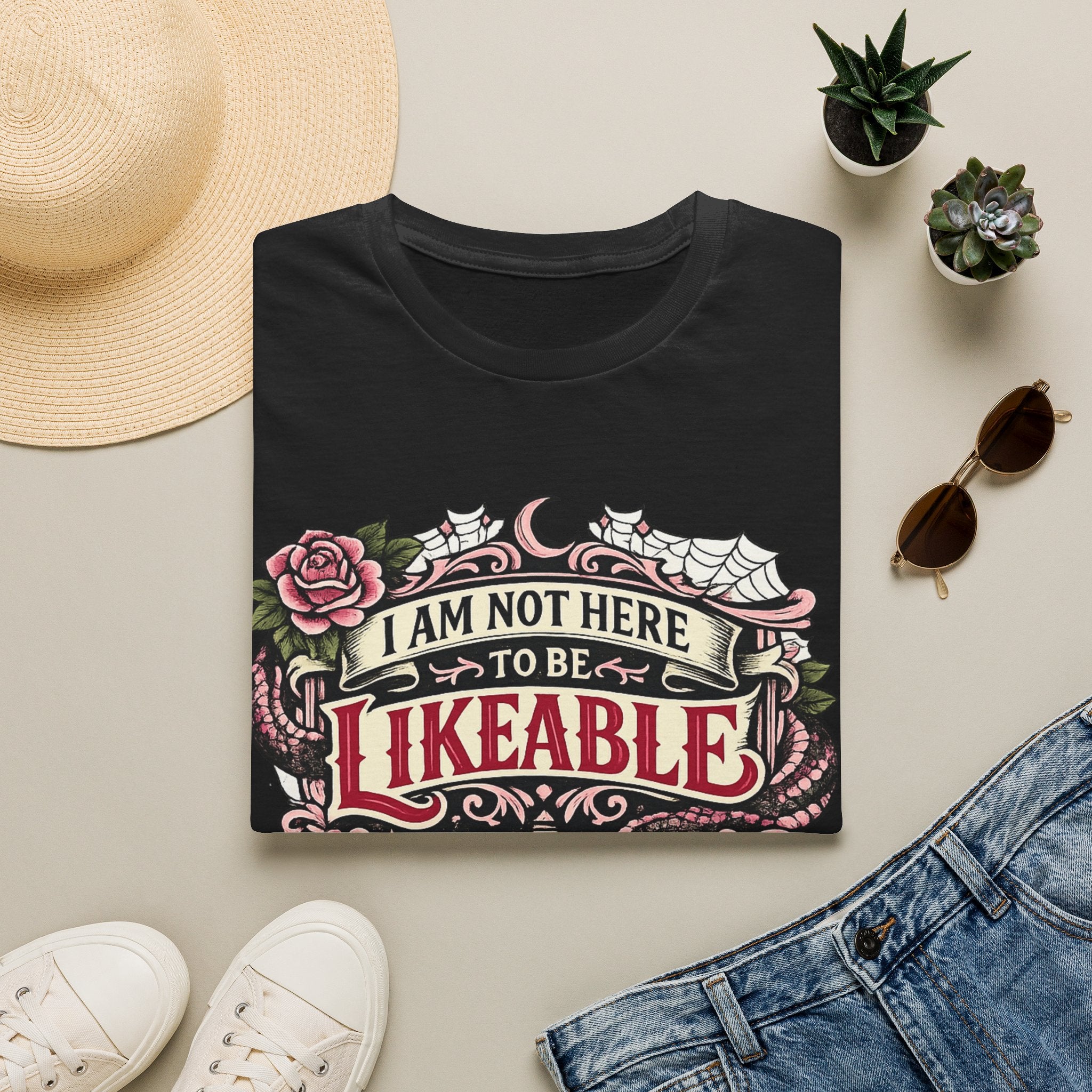 “I Am Not Here to Be Likeable” Gothic Rose Graphic Tee T‑Shirt —