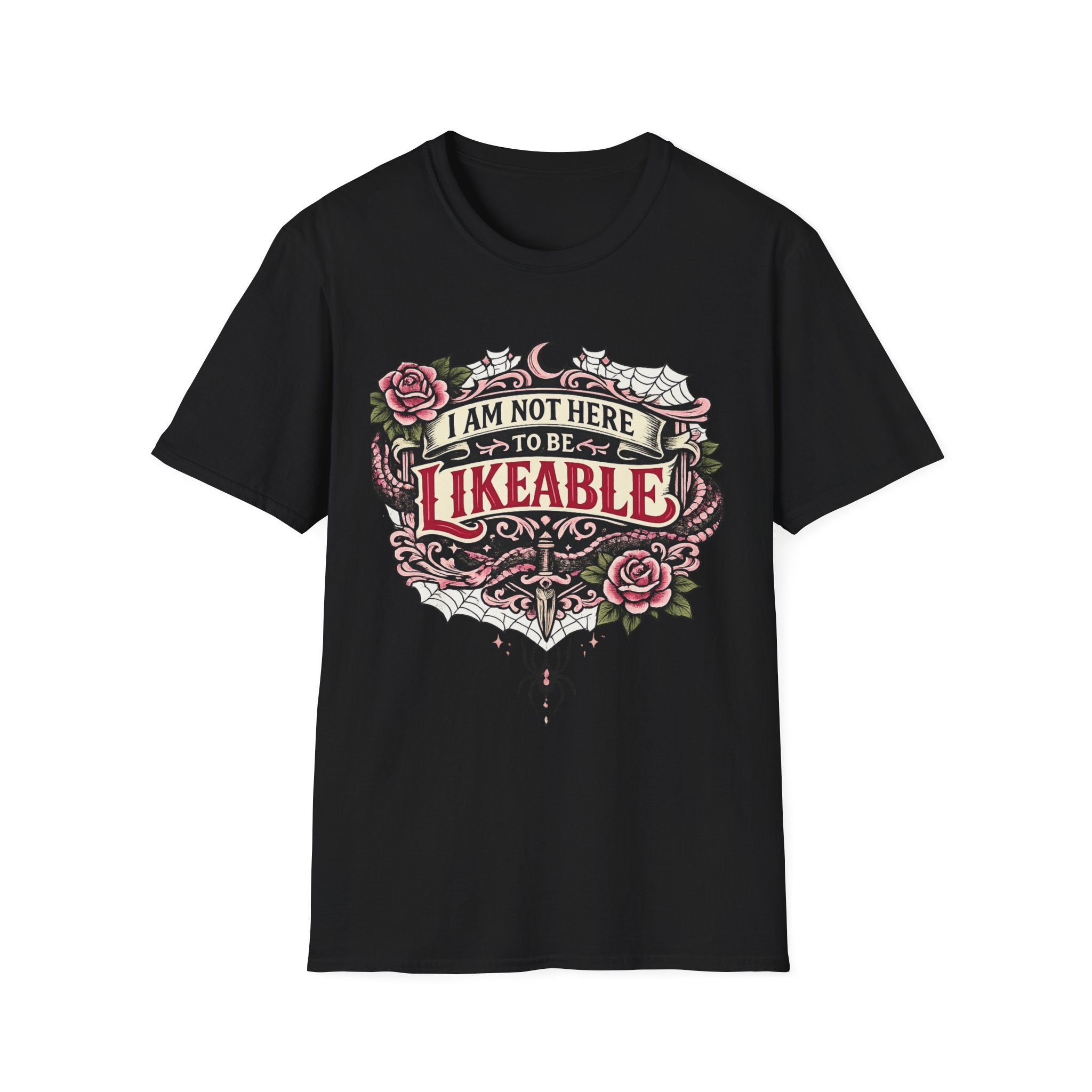T‑Shirt — “I Am Not Here to Be Likeable” Gothic Rose Graphic Tee