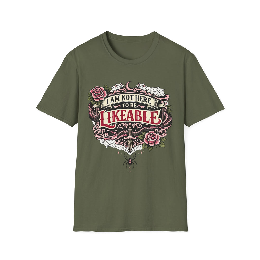 T‑Shirt — “I Am Not Here to Be Likeable” Gothic Rose Graphic Tee