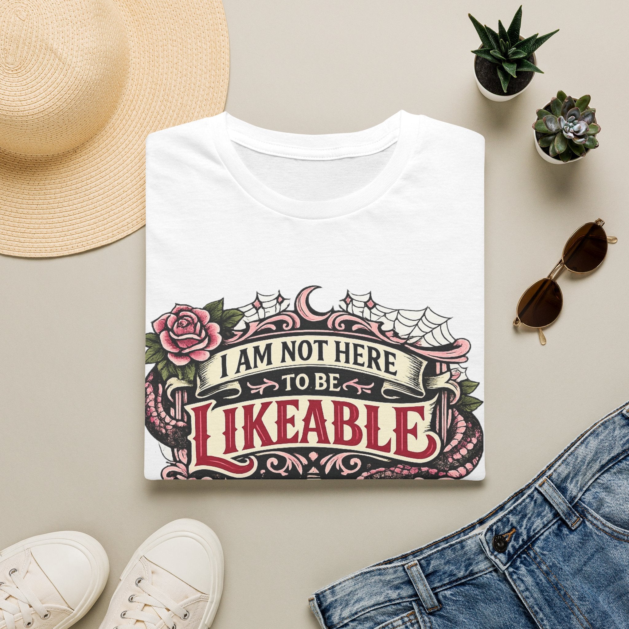 “I Am Not Here to Be Likeable” Gothic Rose Graphic Tee T‑Shirt —