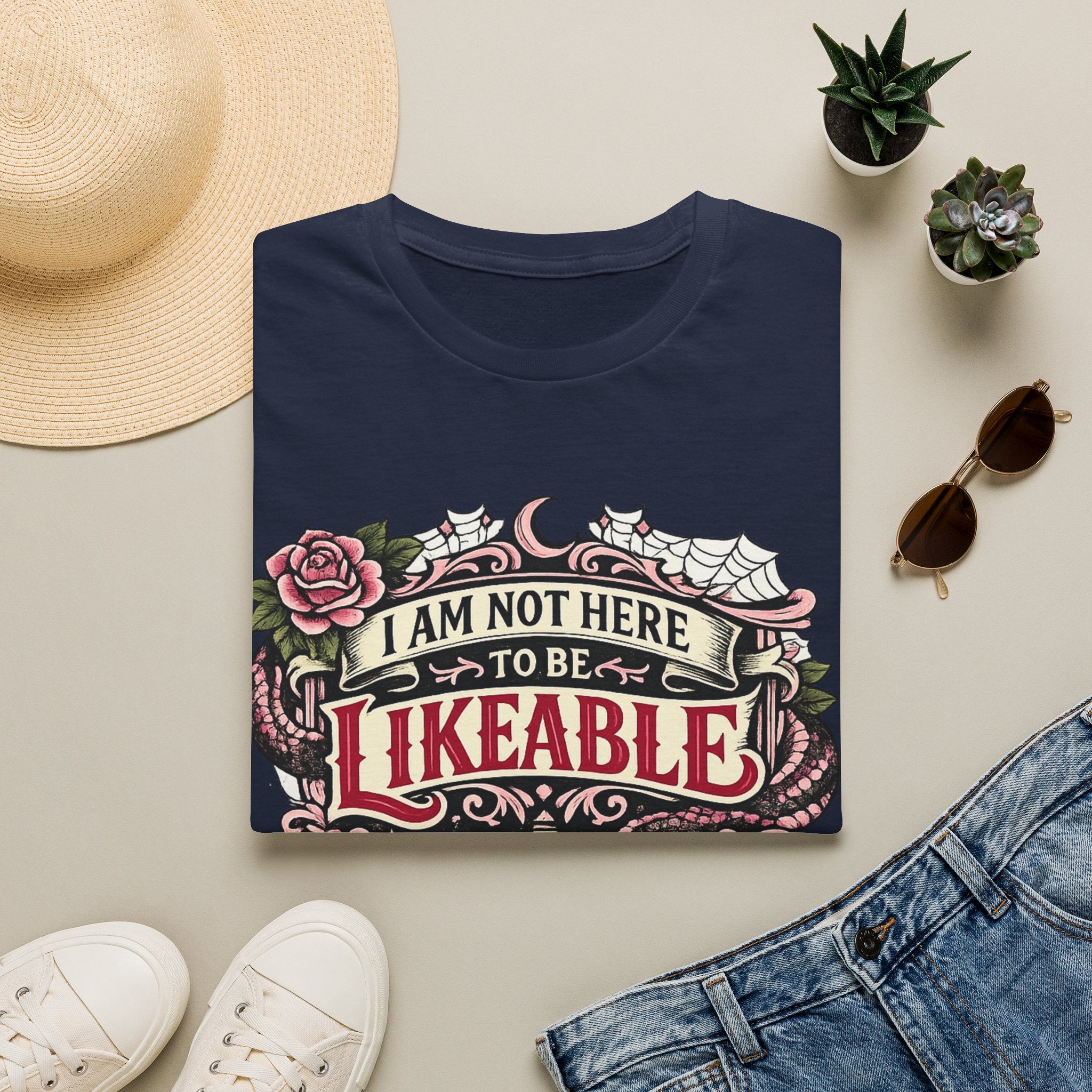 “I Am Not Here to Be Likeable” Gothic Rose Graphic Tee T‑Shirt —