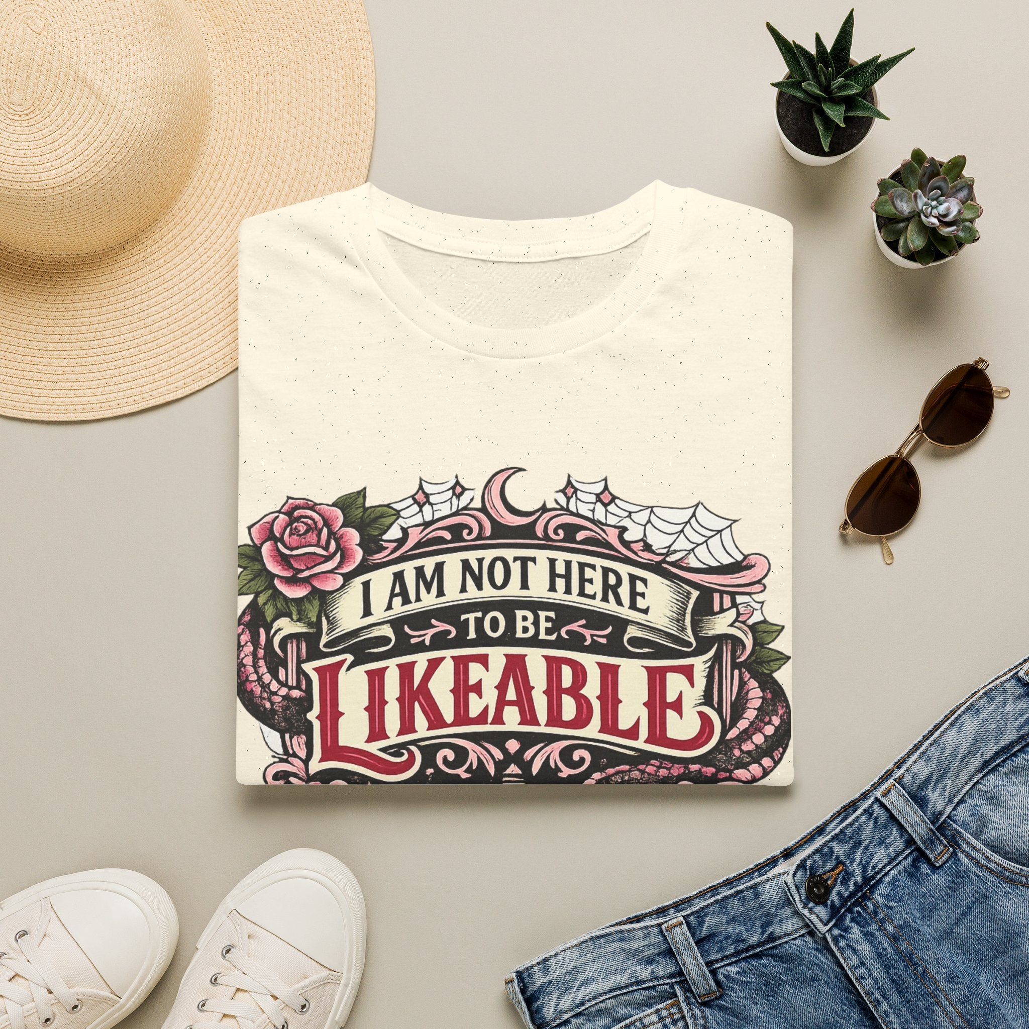 “I Am Not Here to Be Likeable” Gothic Rose Graphic Tee T‑Shirt —