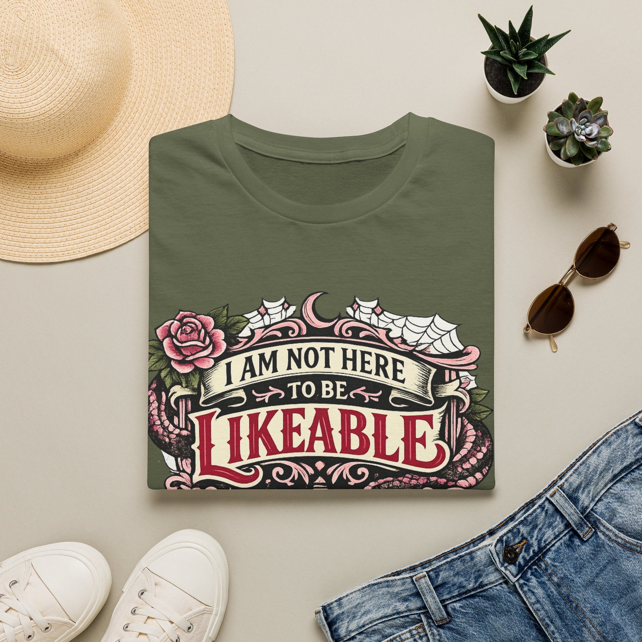 “I Am Not Here to Be Likeable” Gothic Rose Graphic Tee T‑Shirt —