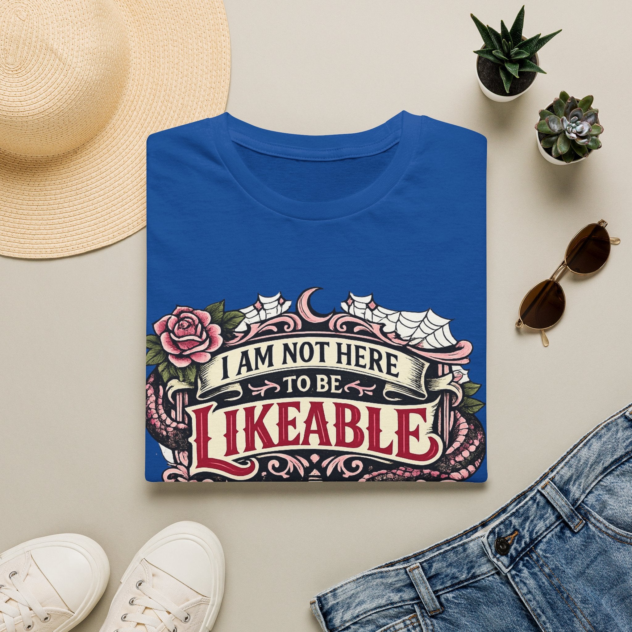 “I Am Not Here to Be Likeable” Gothic Rose Graphic Tee T‑Shirt —