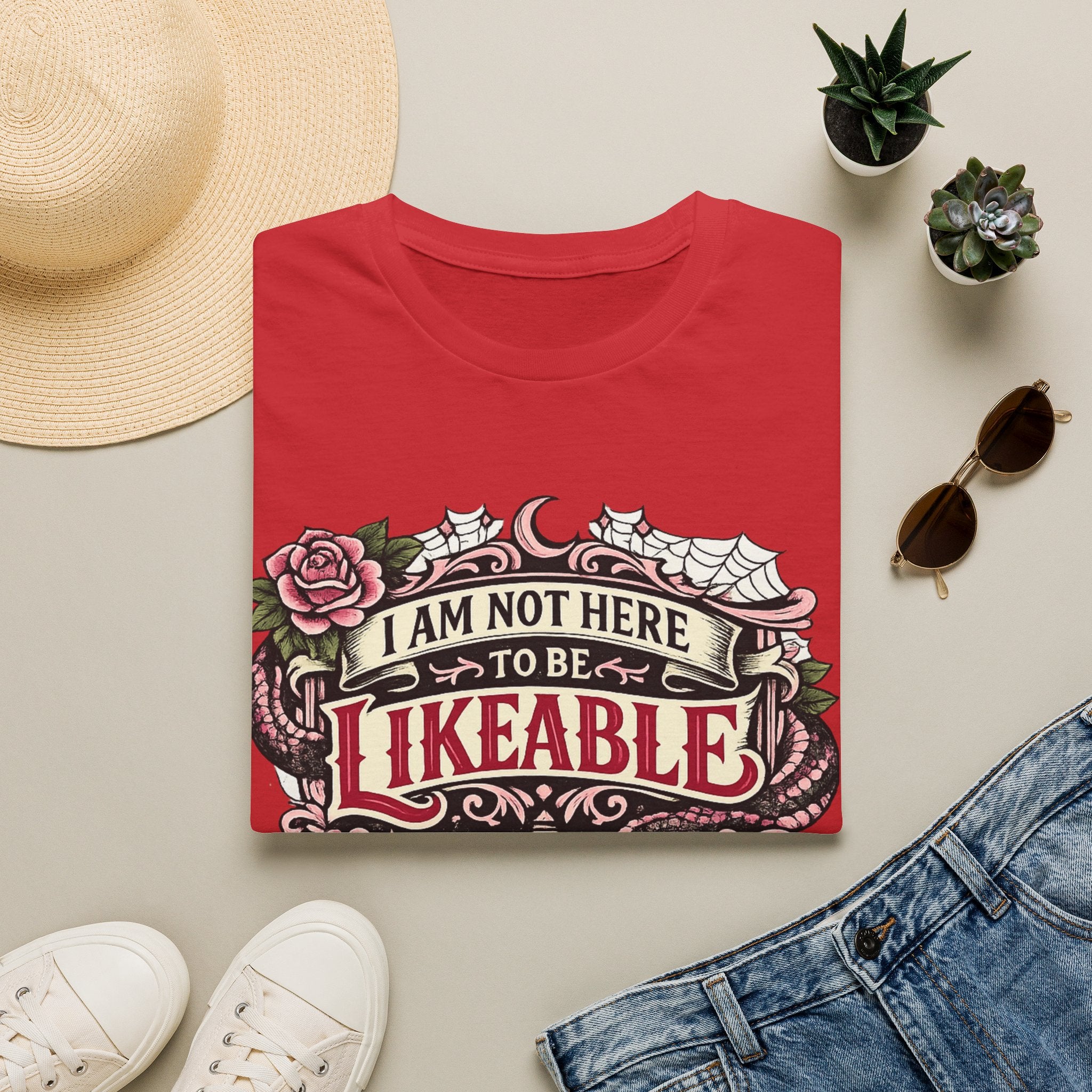 “I Am Not Here to Be Likeable” Gothic Rose Graphic Tee T‑Shirt —