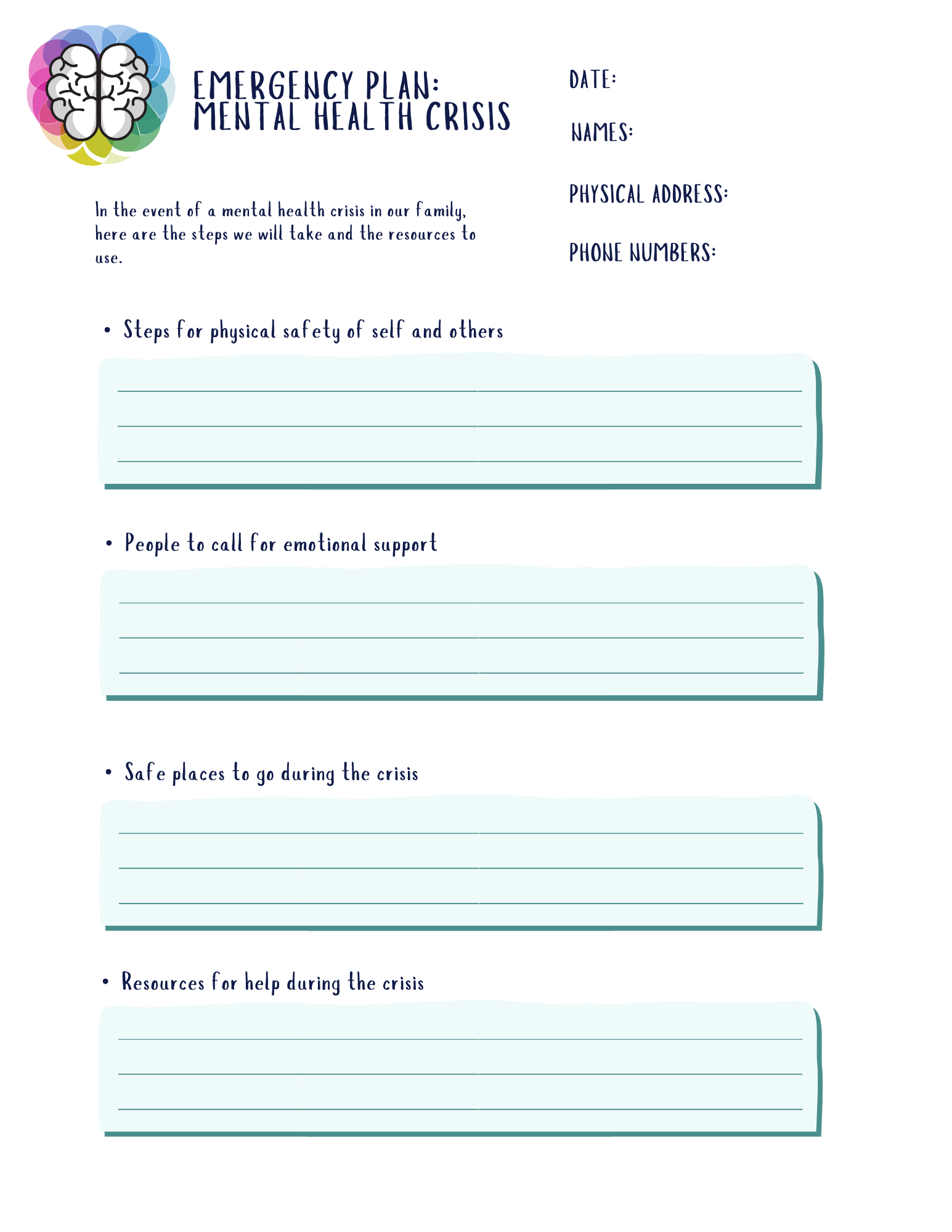 Mental Health Crisis Emergency Plan | Printable Family Safety Worksheet | Instant Download