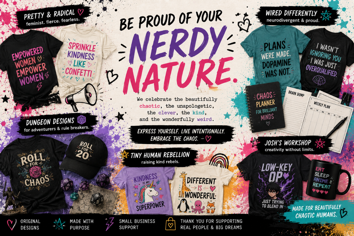 A promotional collage for a nerd-themed apparel and stationery design service, featuring multiple black graphic t-shirts, a t-shirt, a notebook, and a mug with colorful text and graphics. The layout includes large text reading 'BE PROUD OF YOUR NERDY NATURE' and smaller labels describing different design options.