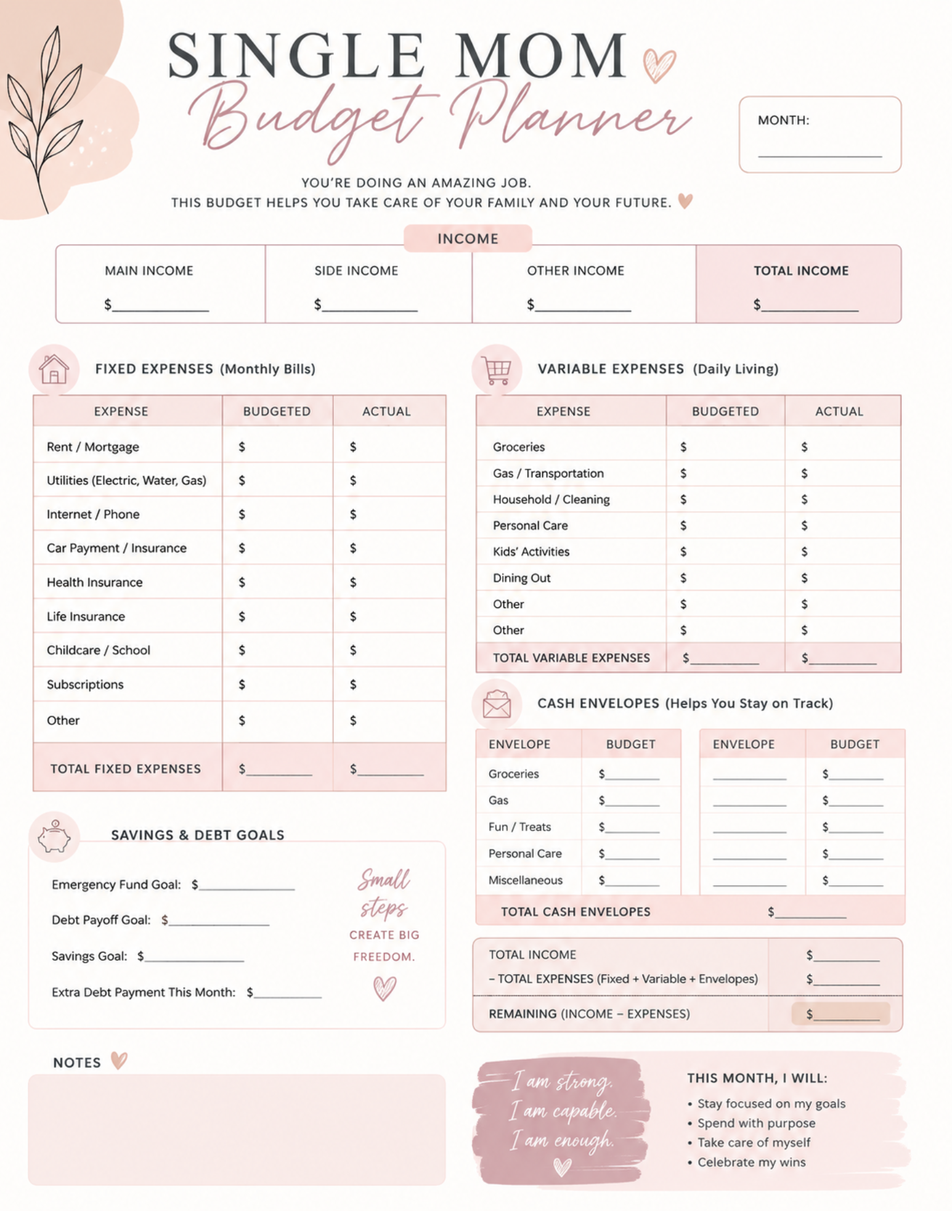 Budget Worksheet for Single Moms | Easy Monthly Budget Planner