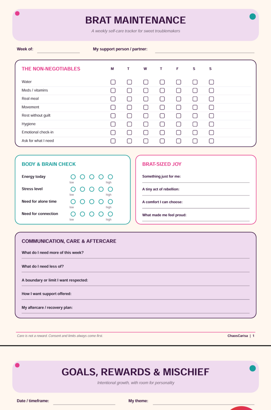Brat Maintenance Self-Care Tracker & Goal Planner | Printable PDF